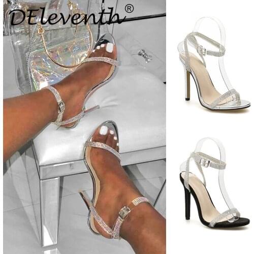 Fashion Thin Heel Women Sandals Shoes Women Round Toe Flock 11.5CM Thin Heels High heels Buckle Strap Rhinestones size 35-42