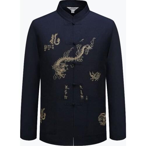 Mens Long Sleeve FrockTraditional Chinese Embroider Dragon Tang Suit Clothing Kung Fu Jacket Coat
