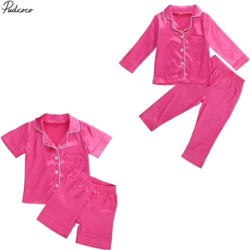 2020 Spring Summer Kids Baby Girls Boys Pajama Set Sleepwear 2pcs Button Fly Solid Short Sleeve/Long Sleeve Tops+Shorts/Pants