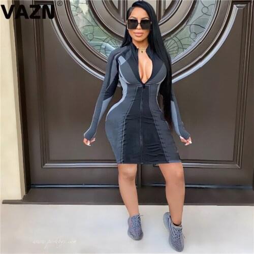 VAZN New 2020 Sexy Bandage Striped Elegant Club Birthday Shinny Dress Full Sleeve Sheath Dresses Elegant Mini Dress