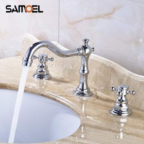 Modern Brass Dual Handle Deck Mounted Bathroom Faucet Mixers 3 Hole Chrome Finish Basin Cold Hot Water Tap 1219C