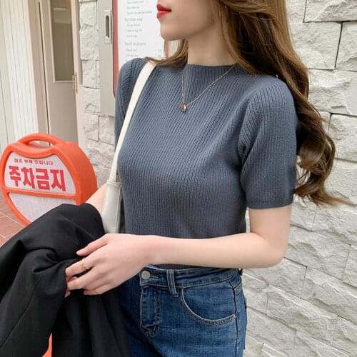 2021 Summer Knitted Thin Sweater Pullovers Korean Half Sleeve Turtleneck Sweater for Women Slim Jumper Tops Office Lady