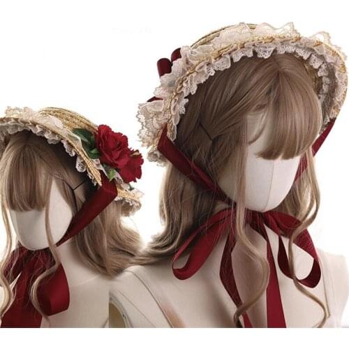 Mori Girl Lolita Straw Hat Strawberry Flower Tea Party Flat Cap Lace Bonnet Hat D783