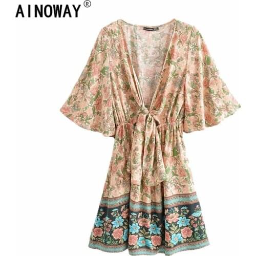 Vintage chic women floral print deep V-neck sashes Bohemian mini dress ladies batwing sleeve tassel Boho dresses vestidos