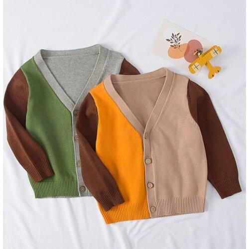 Baby Girls Boys V-neck Color Matching Sweater Knitting Cardigan Coat Children Sweater Top Spring Autumn Kids Sweaters