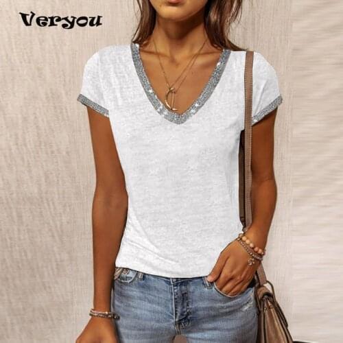 Summer 2021 Womens t Shirt White Color contrast V neck Short Sleeve Ladies Top Casual Slim T Shirt Women Tops Shirts For Women