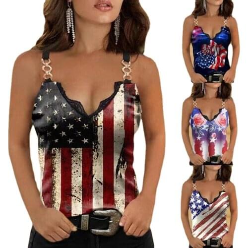 Woman Sleeveless Tank USA Flag Printed V Neck Lace Patchwork Chains Casual Vest Asia Size S-5XL