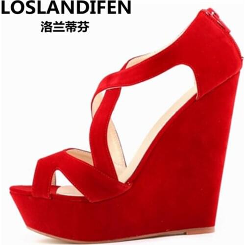 Free shipping fmeale sexy 14cm platform wedges peep toe cross belt zipper sandal heels, womens big size platform party sandals