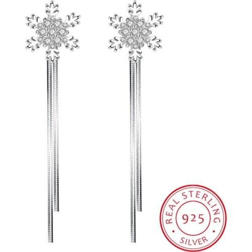 925 Sterling Silver Drop Earrings For Women Zirconia Snowflake Long Tassel Earrings oorbellen brincos pendientes S-E415