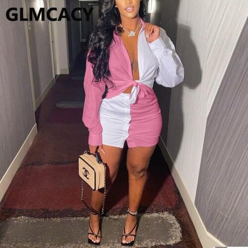 Two Pieces Sets Women Color Block Long Sleeve Shirt & Bodycon Shorts