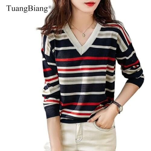 Colored V-Neck Stripes Woman Autumn Pullovers Femme Elegant All-Match Knit Tshirt Female Long Sleeve Cotton Spliced Elastic Tops