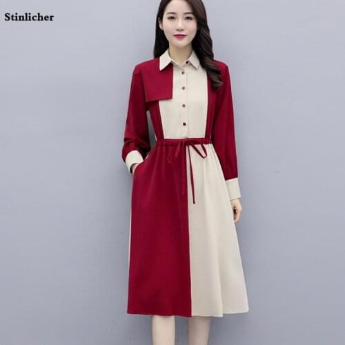 2020 New Dress Women Casual Long Sleeve Patchwork Bandage Shirt Dress Ladies Elegant Work Midi Long Dress Women