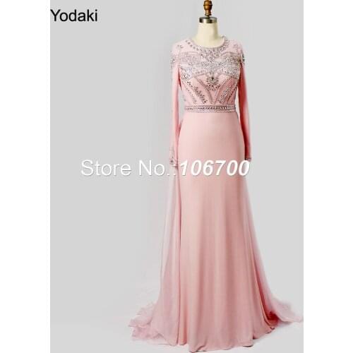 2018 New Mermaid Evening Dress Long Sleeves With Lining Gowns Crystal Beaded Custom Muslim Light Pink Prom Dresses