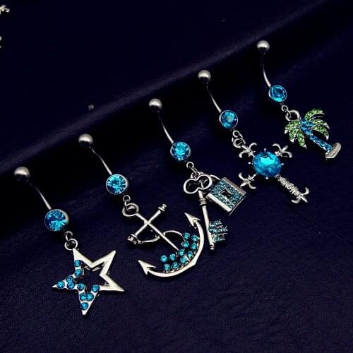 5pcs 2019 mix style vintage blue star cross anchor tree key lock dangle navel belly bar button rings body piercing jewelry
