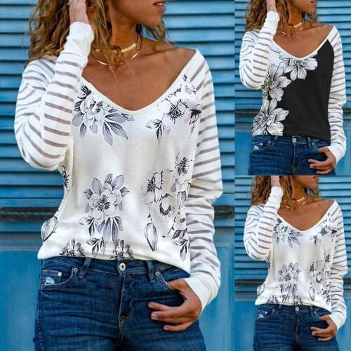 Patchwork Floral Print Womens Tunic Spring Fashion V-neck Blouse Top Casual Long Sleeve Shirt Women Elegant Блузка Женская 2021