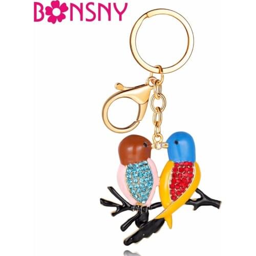 Bonsny Metal Rhinestone Double Birds Key Chain Key Ring Women Girls Handbag Pendant 2017 New Animal Jewelry Car Key Accessories