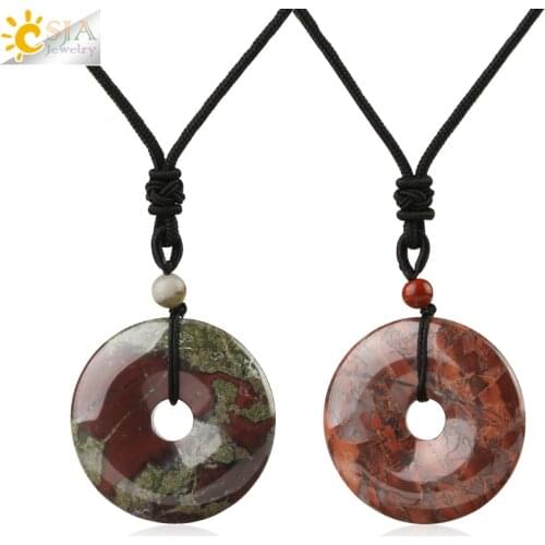 CSJA 4x4cm Natural Stone Circle Pendant Necklace Peace Buckle Lucky Amulet Knot Healing Beads Fashion Jewelry for Women Men G165