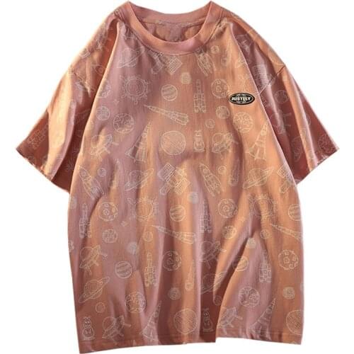 Summer Casual Women Clothing T Shirt Print Harajuku Geometric Satellite Spaceship Rocket Earth Tees Pink Fashion Tops Female