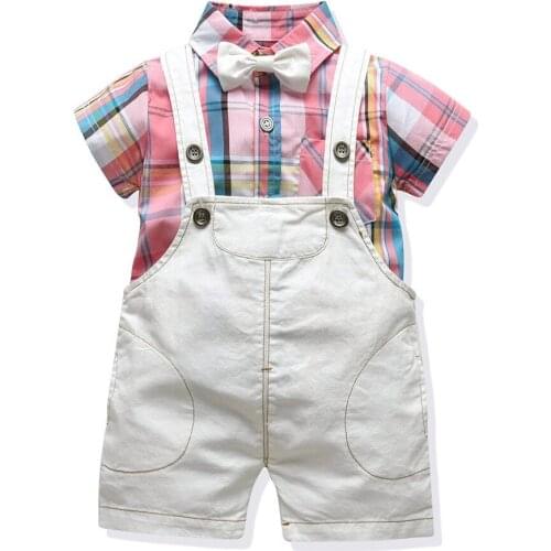 Toddler Baby Boys Clothes Infant Kids Short Sleeve Sets New Fashion Plaid Shirt Overalls 3 Pcs Children Costume Party Dress