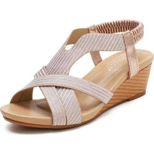 Open toe summer comfortable leisure vacation sandals travel slope with round toe elastic band Roman sandals women