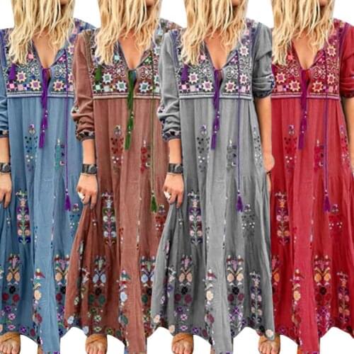 Fashion Hot apparel Plus Size Women Sexy V Neck Drawstring Tie-up Floral Long Sleeve Maxi Dress