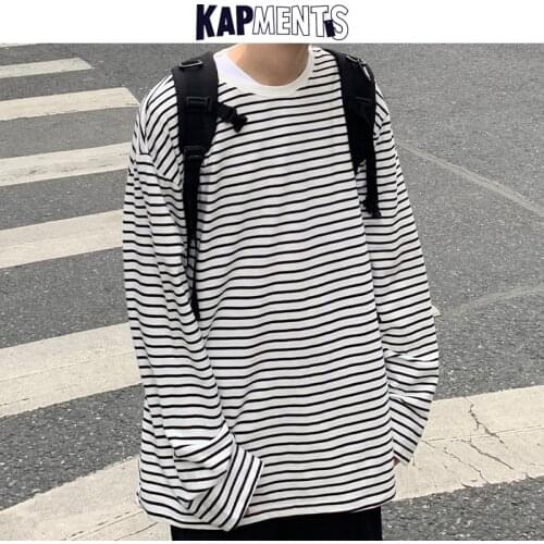 KAPMENTS Men Long Sleeve Vintage Striped T Shirts 2021 Summer Mens Harajuku Korean Fashions Streetwear T Shirt Male Cotton Tees