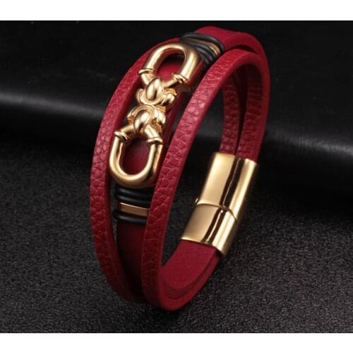 New Brand Handcuffs Stainless Steel Chain Link Cuff Bracelets Red Genuine Leather Men Women Fashion Sporty Charm Bracelet homme