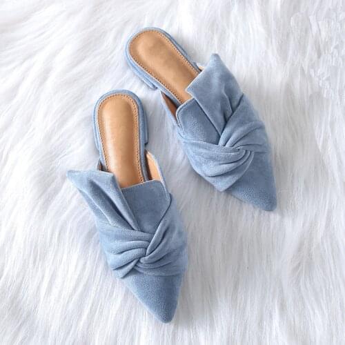 Women Slippers Flock Bowtie Female Mules Shoes Fashion Low Heels Casual Shoes Pointed Toe Ladies Size 41 Elegant Lady Slipper