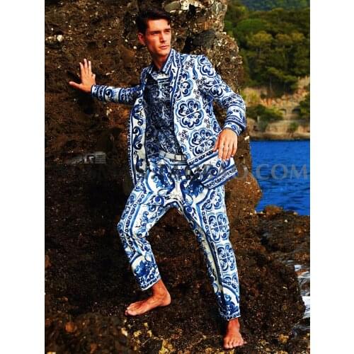 New Men Chinese Wind Blue and White Porcelain Suits NightClub male singer DJ model high-end stretch satin suit costumes