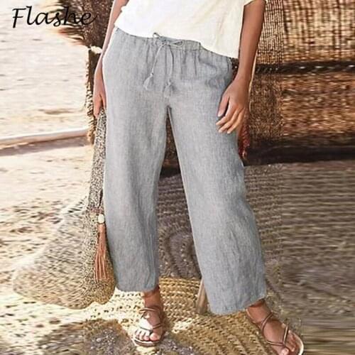 New Plus Size Pants For Women Solid Casual Cotton Linen Pants Women 2021 Spring Summer Elastic Waist Drawstring Loose Trousers