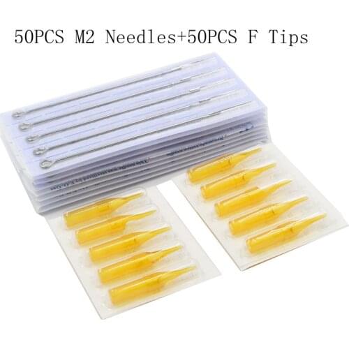 Disposable 50pcs 5M2 7M2 9M2 11M2 13M2 15M2 Tattoo needles +50pcs 5FT 7FT 9FT 11FT 13FT 15FT yellow Tattoo tips kit