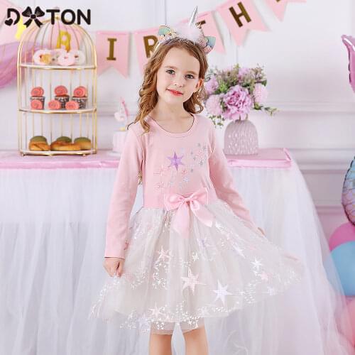 DXTON Toddler Girls Dresses Star Embroidery Children Dress With Bow Tutu Princess Dress For Girls Winter Wedding Girls Vestidos