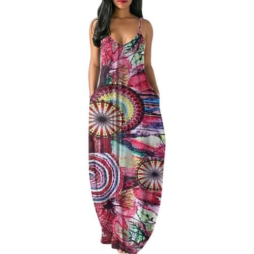 Sexy Boho Print Strappy Dress Women Summer Long Maxi Dresses Female Plus Size S-5XL Loose Pockets Dress Sleeveless Robe Femme