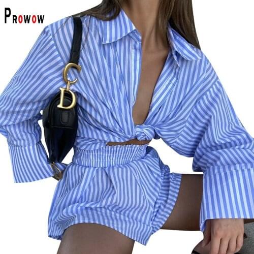 Prowow Striped Women Clothing Set Long Sleeve Blouse Shorts Two Piece Office Lady Suits Summer Boyfriend Style Female Outfits