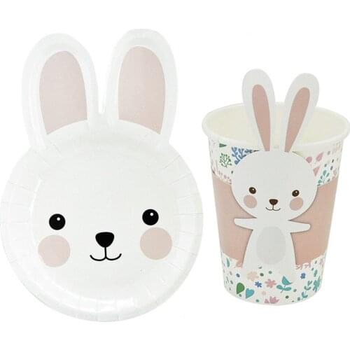 Happy Easter Cartoon Rabbit Shaped Tableware Disposable Plate Cup Napkin Set Easter For Home Decorations Kids Favor Supplies