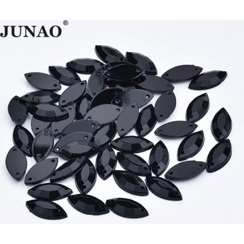 JUNAO 500pcs 7x15mm Sew On Black Rhinestones Flat Back Horse Eye Acrylic Gems Sewing Strass Diamond for DIY Clothes