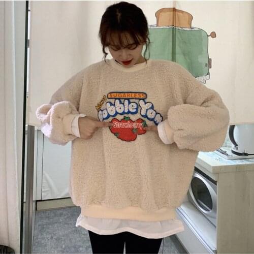 Women Fall Winter Long Sleeve Fleece Hoodie Strawberry Print Fuzzy Pullover 2021 Fake 2 Pieces Warm Sweatshirt Loose Kawaii Tops