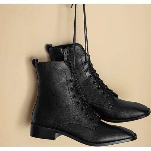 Osunlina Handmade Ankle Boots White Black Genuine Leather Square Toe 3cm Heels Boots Lace-up Zipper Elegant Shoes Woman A063