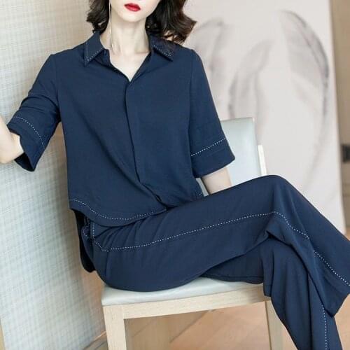 Women Sets 2021 Spring New Short Sleeve Shirt And Wide Leg Pants 2 Piece Suit Fashion Elegant Office Lady Suit Plus Size 4XL 216