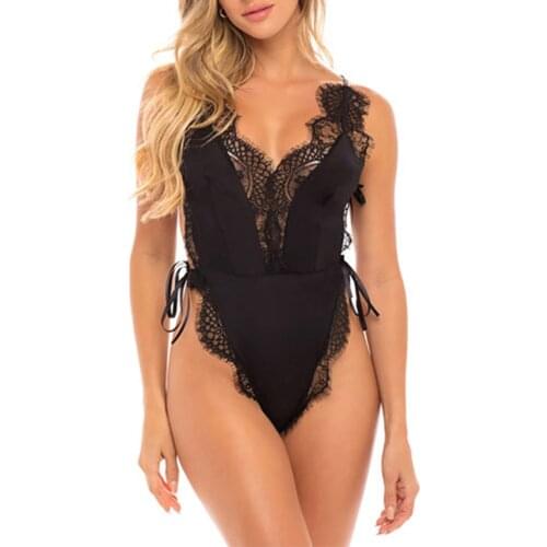 Women Sexy Exotic Bodysuits Lace up V Neck Hollow Floral Lace Perspective Female Fashion Bobydoll Womens Exotic Bodysuit