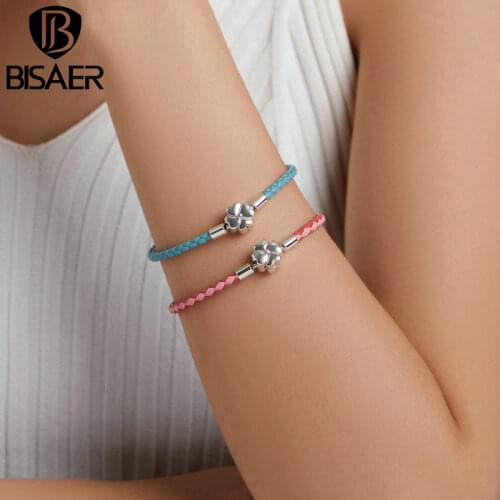 BISAER 100% 925 Silver Leather Charm Bracelet For Women Fit Original Charm Beads DIY Brand Design Bracelet Dropshipping ECB219