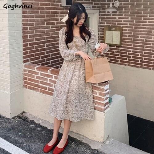 Floral Dresses Women Chiffon Slender Square Collar Sweet Girls Breathable Long Sleeve Fashion Korean Style Fresh Teenagers Hot