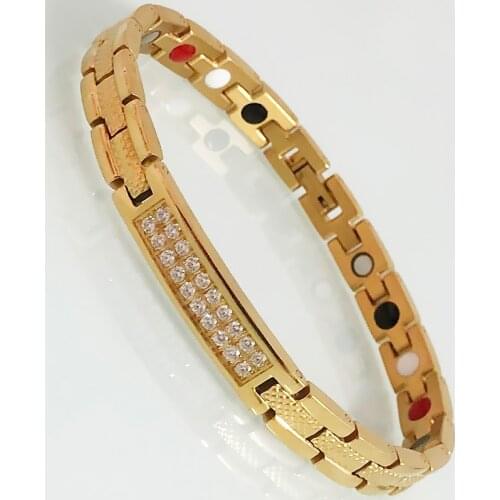 Gold Plated Stainless Steel Cubic Zirconia Wrist Bracelet For Women Health Benefit 4 In 1 Therapy Magnetic Hand Chain Bracelets