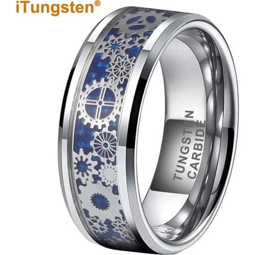 Gear Wedding Ring Tungsten Wedding Band For Men Women Mechanical Gear Wheel Blue Carbon Fiber Inlay Comfort Fit