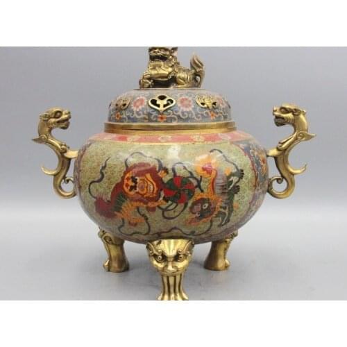 Chinese Bronze Cloisonne Enamel Foo Dog Dragon Lion Beast Incense Burner Censer