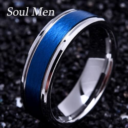 7mm Blue Mens Classic Solid Tungsten Carbide Rings Mess Brush Wedding Band anillos mujer Allinace Europe Size
