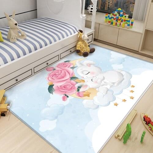 Non-Slip Cute Cartoon Rabbit Blue Picture Children Flannel Carpet Baby Hand Print Carpet Baby Play Mat Fashion Children Carpet