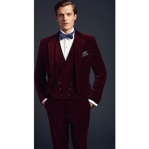 Latest Coat Pant Designs Burgundy Velvet Prom Men Suit Slim Fit Tuxedo 3 Piece Blazer Custom Groom Fashion Suits Terno Masculino
