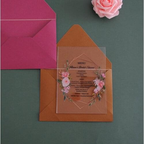 New Arrival white rose flower wedding acrylic card with gold frame,party birthday transparent acrylic invitations Plexiglass