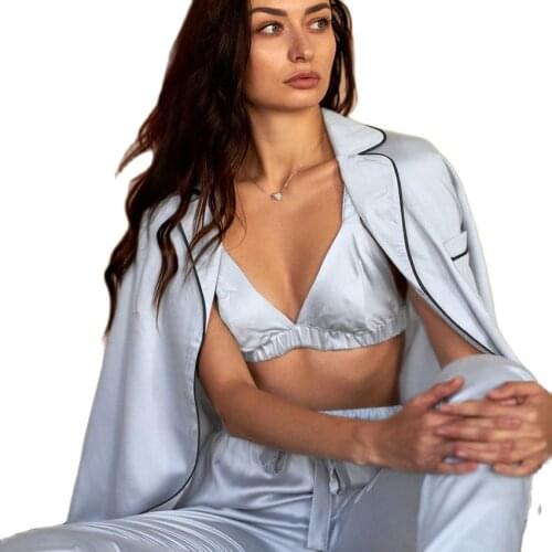 Solid Satin Robe Set With Bra Sexy Pajamas Set Female Home Suit For Women Pajama 2021 Spring Long Sleeve Sleepwear Fashion